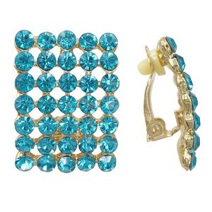 Aqua Blue Rhinestone Clip On Gold Earrings